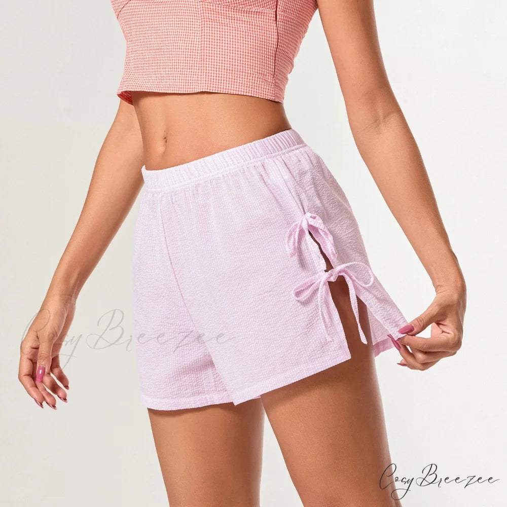 Striped Side Slit Bow Shorts short-250223
