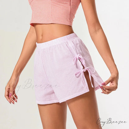 Striped Side Slit Bow Shorts short-250223