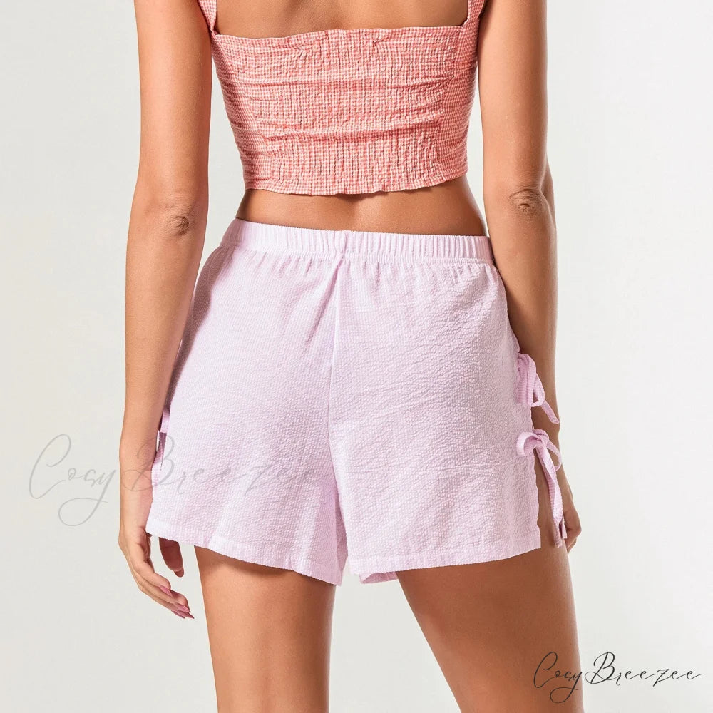 Striped Side Slit Bow Shorts short-250223