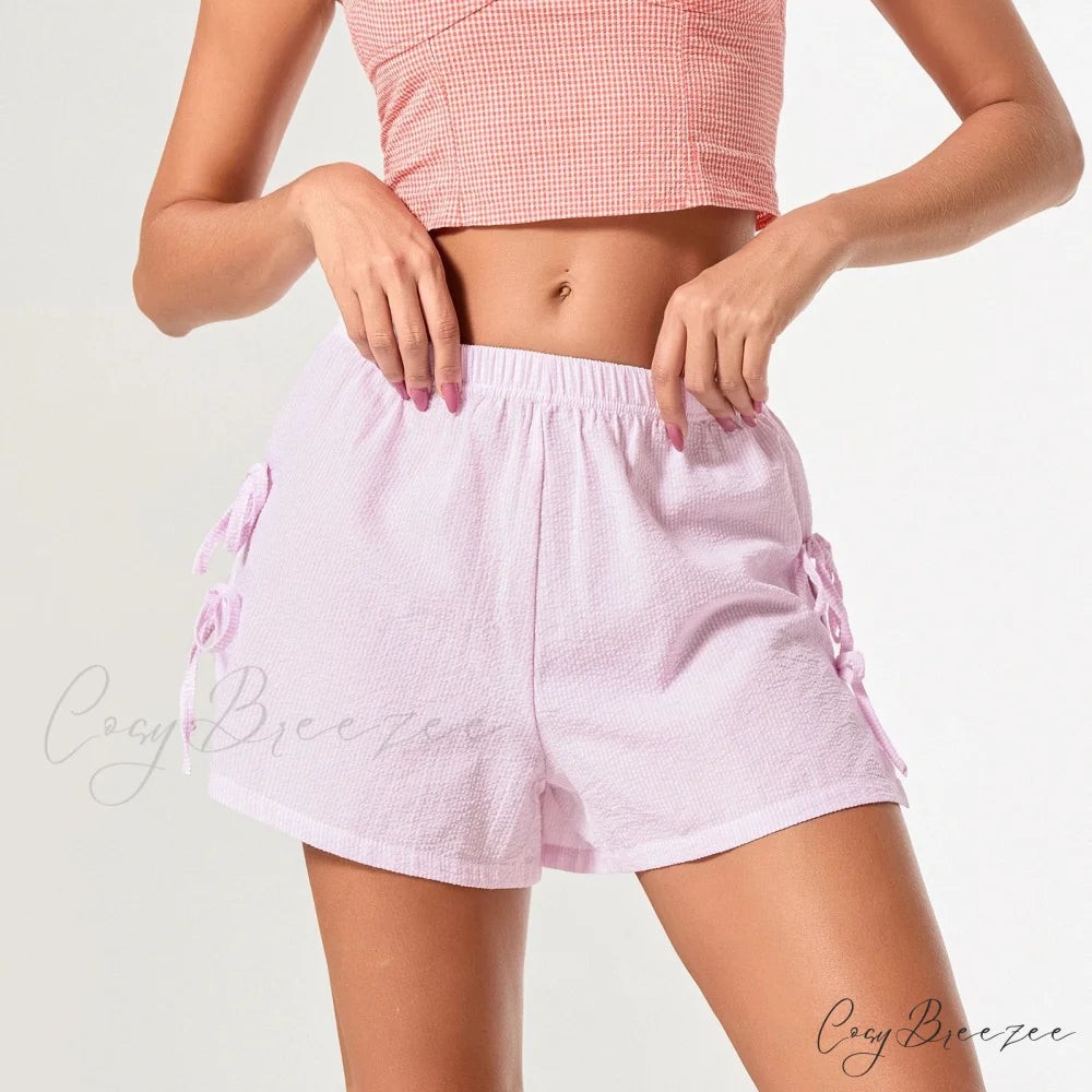 Striped Side Slit Bow Shorts short-250223