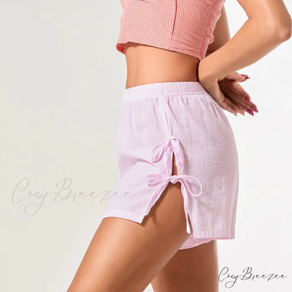 Striped Side Slit Bow Shorts short-250223