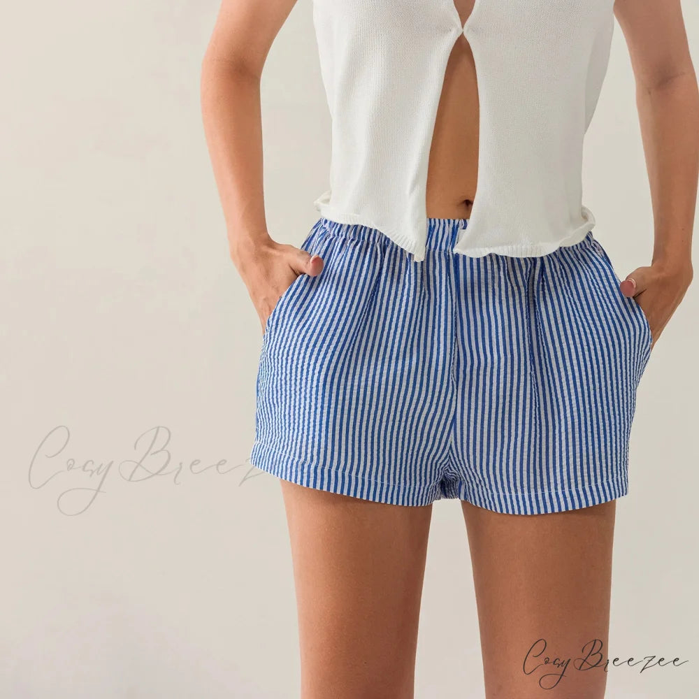 Striped Side Split Elastic Waist Shorts Blue / S short-250223