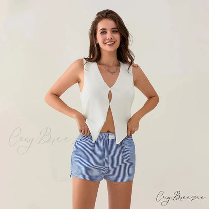 Striped Side Split Elastic Waist Shorts short-250223