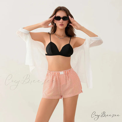 Striped Side Split Elastic Waist Shorts short-250223