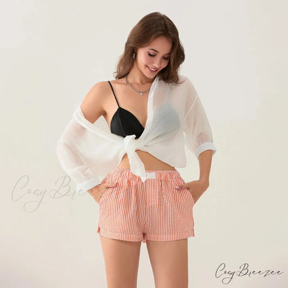 Striped Side Split Elastic Waist Shorts short-250223