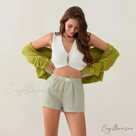 Striped Side Split Elastic Waist Shorts short-250223