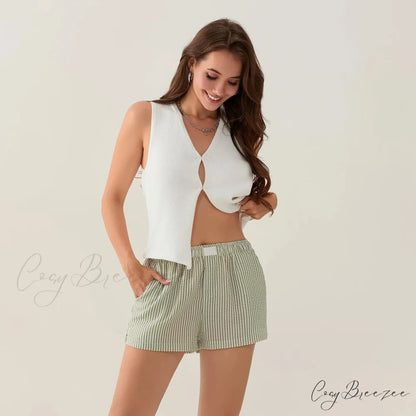 Striped Side Split Elastic Waist Shorts short-250223