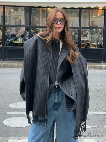 Striped Single Breasted Wool Coat Dark Grey / S coats-241228