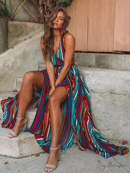Striped Sleeveless Maxi Dress with Split-Side