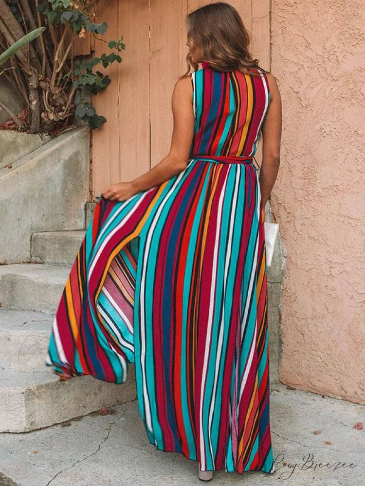 Striped Sleeveless Maxi Dress with Split-Side