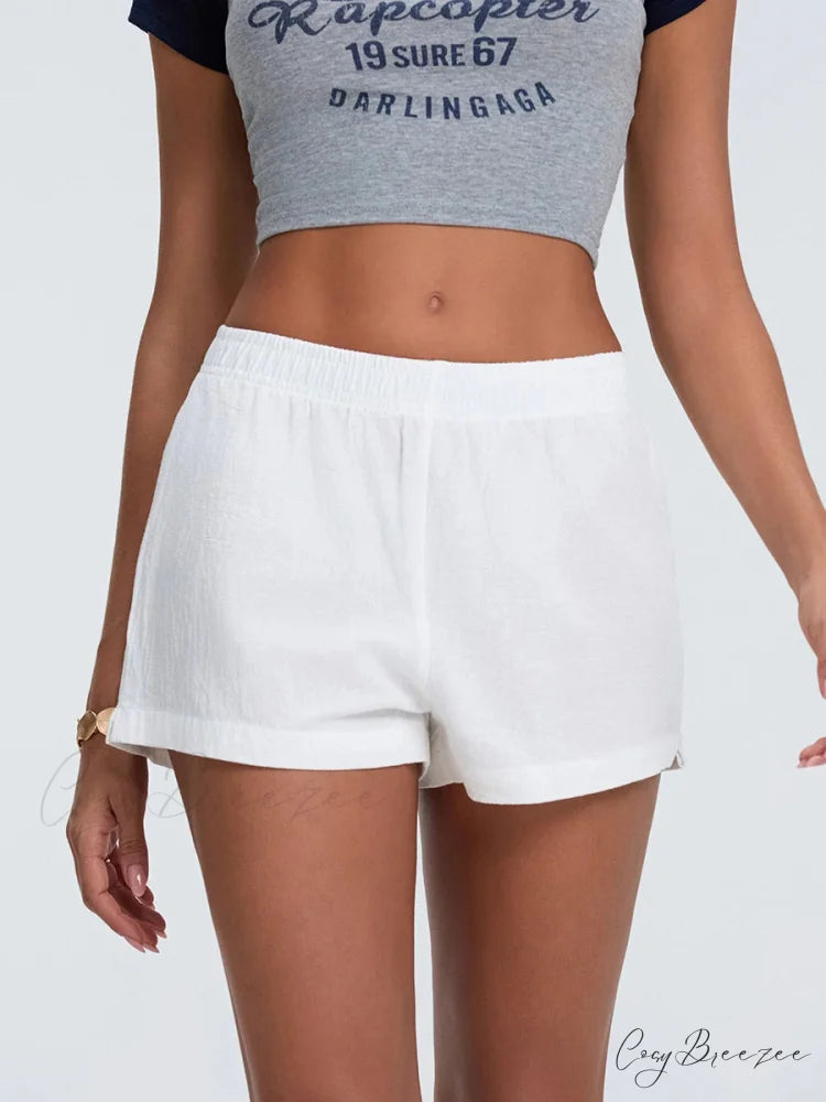 Striped Solid Mid Waist Shorts white1 / S short-250223