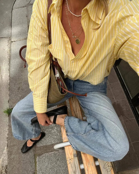 Striped Solid Tone Office Shirt Yellow / S blouse-250223