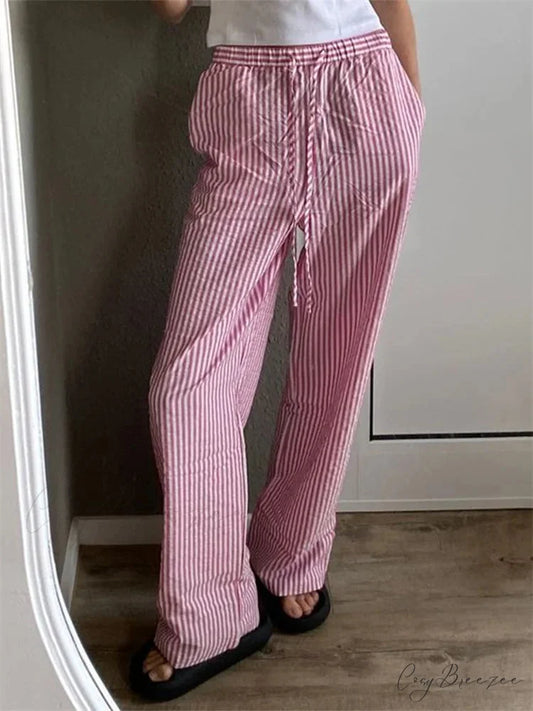 Striped Spacious Stretchy Waist Loose Street Pant PINK / S pant-250223