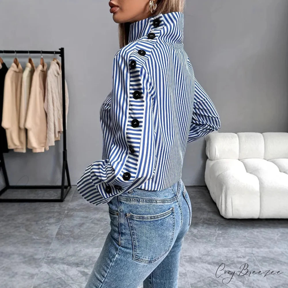 Striped Spliced Buttoned Pullover Blouse blouse-250126