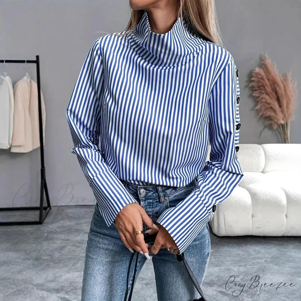 Striped Spliced Buttoned Pullover Blouse blouse-250126