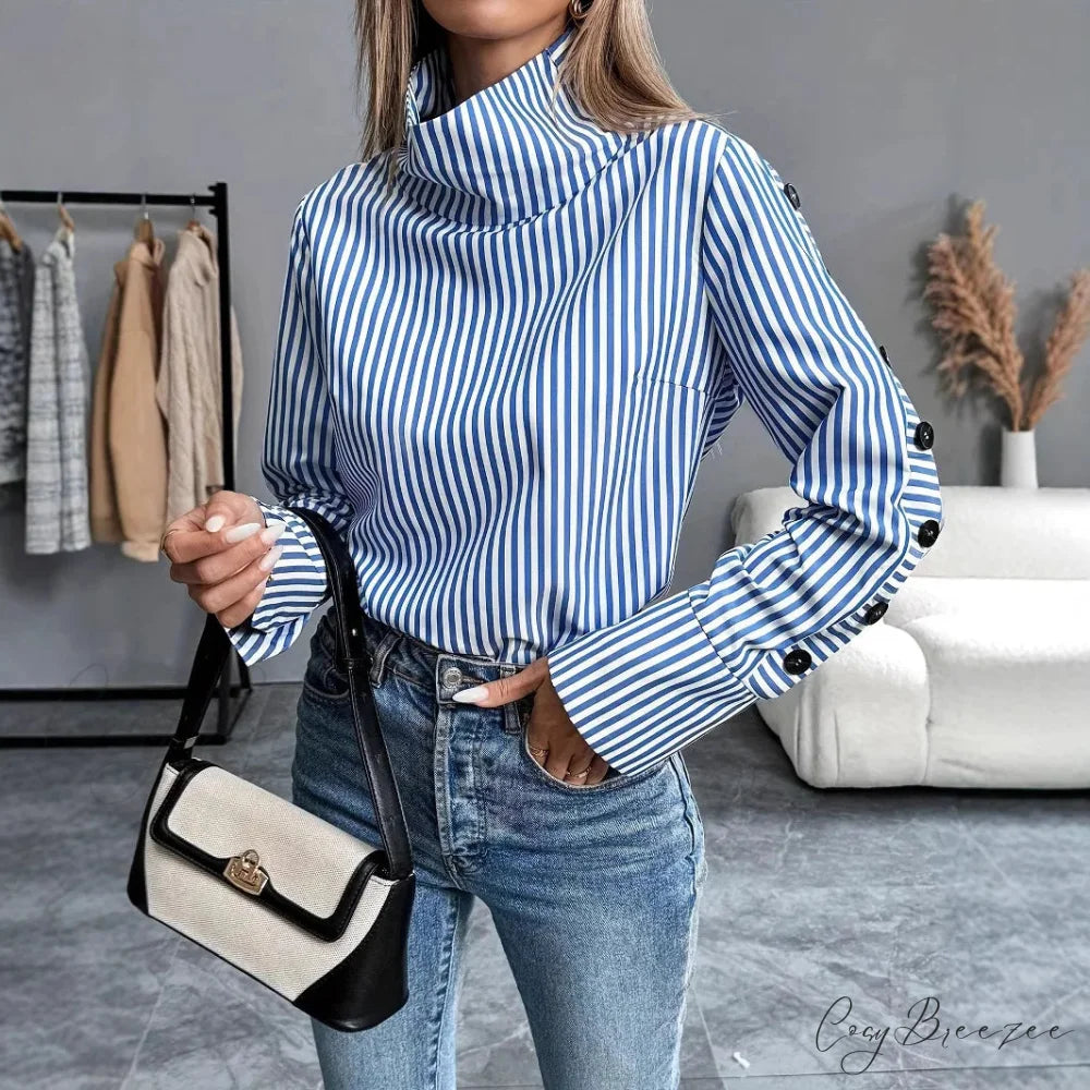 Striped Spliced Buttoned Pullover Blouse blouse-250126