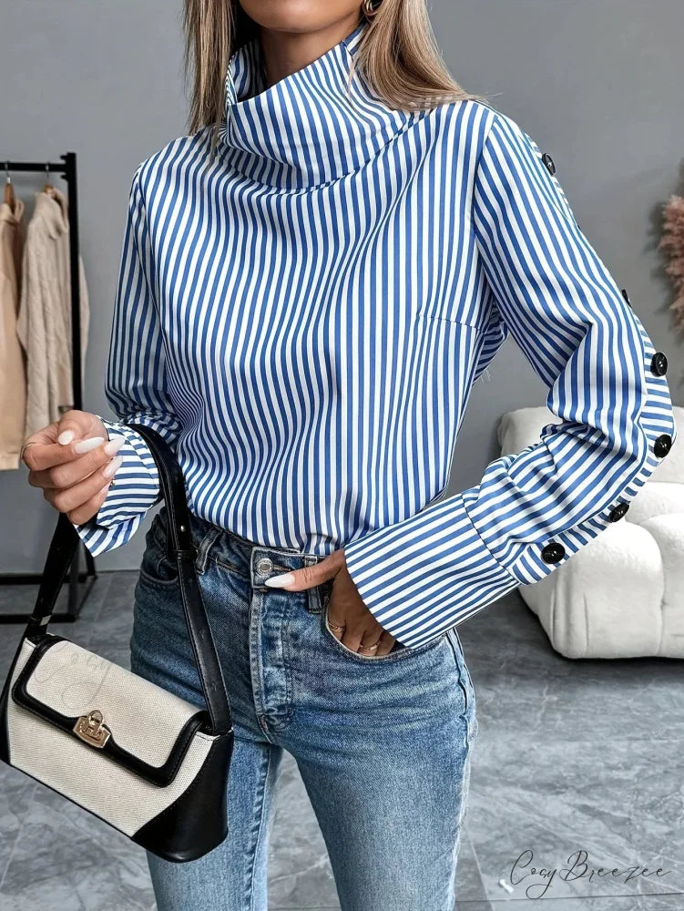 Striped Spliced Buttoned Pullover Blouse Blue / S blouse-250126