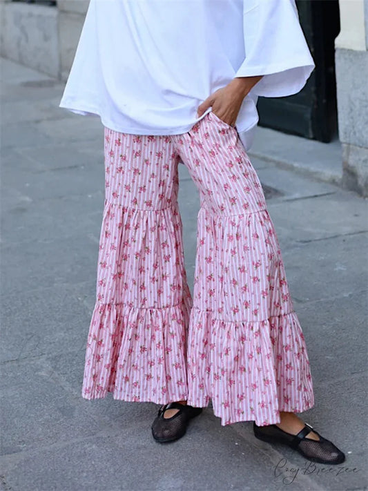 Striped Spliced Pull-Tie Elevated-Waist Pant pant-250223