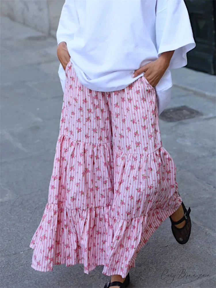 Striped Spliced Pull-Tie Elevated-Waist Pant PINK / S pant-250223