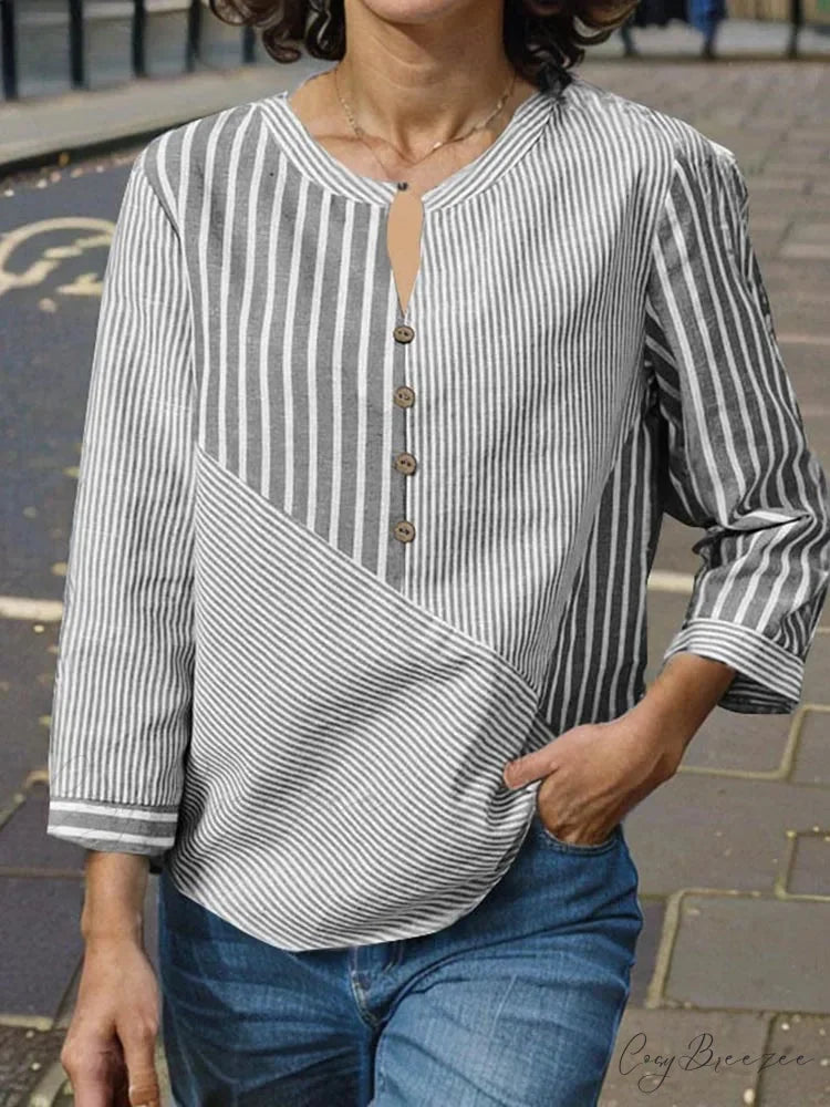 Striped Spliced Relaxed V-neck Chic Blouse Black / S blouse-250126
