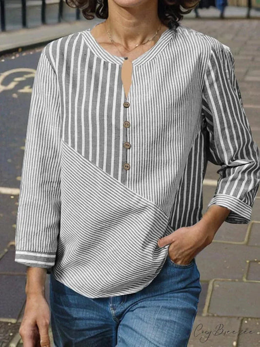Striped Spliced Relaxed V-neck Chic Blouse Black / S blouse-250126