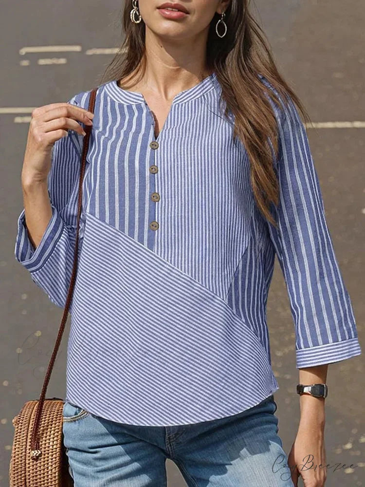 Striped Spliced Relaxed V-neck Chic Blouse Light Blue / S blouse-250126