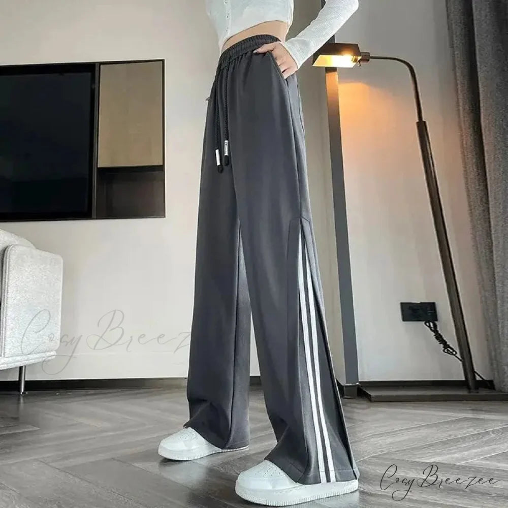 Striped Sports Relaxed High Waist Pants pants-241228
