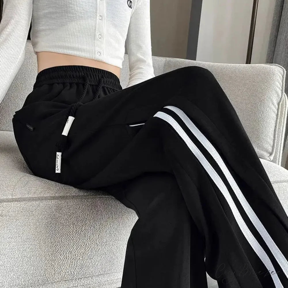 Striped Sports Relaxed High Waist Pants Black / M (40-50KG) pants-241228