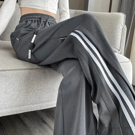 Striped Sports Relaxed High Waist Pants Gray / M (40-50KG) pants-241228