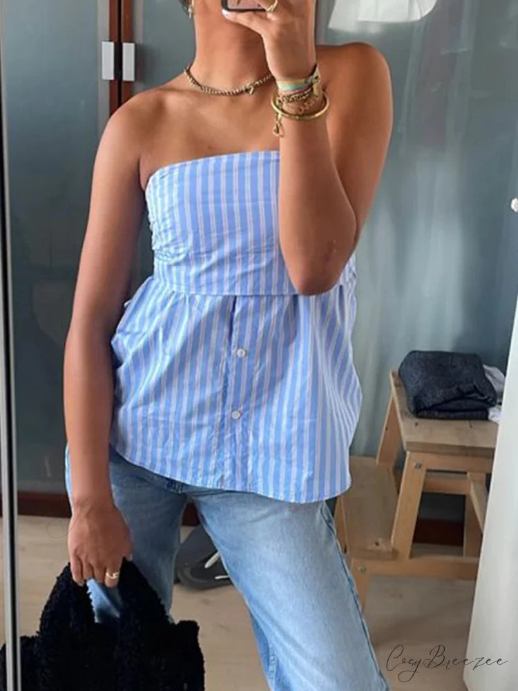 Striped Strapless Tube Crop Top Blue / S croptop-250223