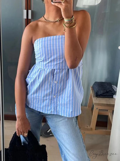 Striped Strapless Tube Crop Top Blue / S croptop-250223