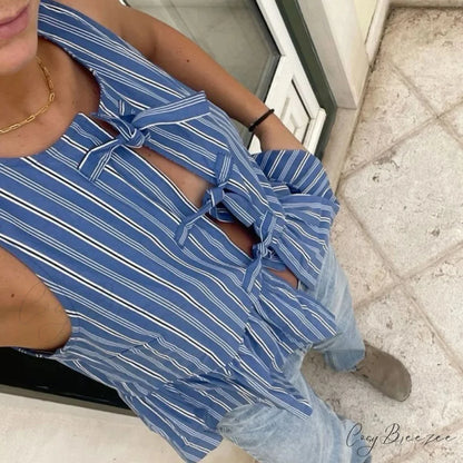 Striped Tie-Up Hollow Crop Top croptop-250223