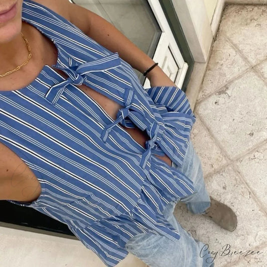 Striped Tie-Up Hollow Crop Top croptop-250223