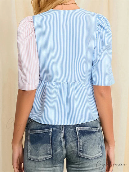 Striped Tie-Up Short Sleeve Shirt blouse-250223