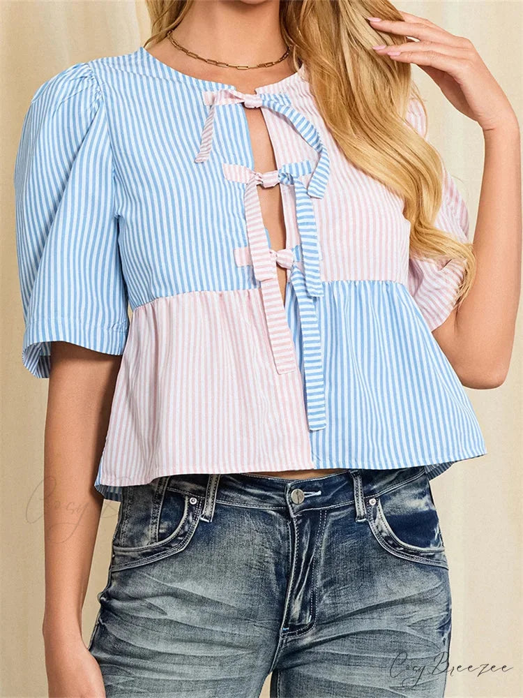 Striped Tie-Up Short Sleeve Shirt blouse-250223