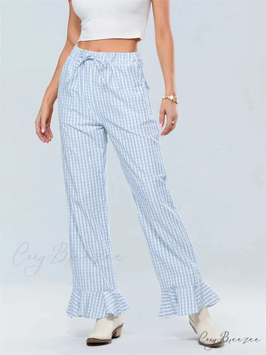 Striped Tie-Up Stretchy Waist Relaxed Casual Pant BLUE / S pant-250223