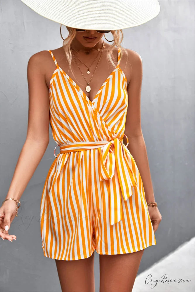Striped V Neck Cami Rompers Yellow / S