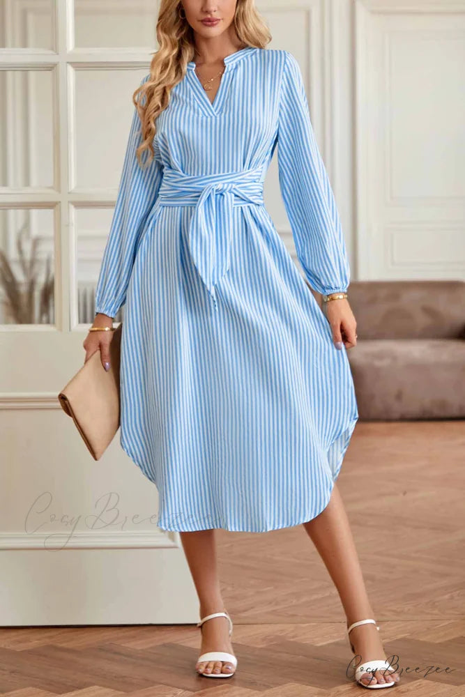 Striped V Neck Tie Waist Long Sleeve Midi Dress Blue / L