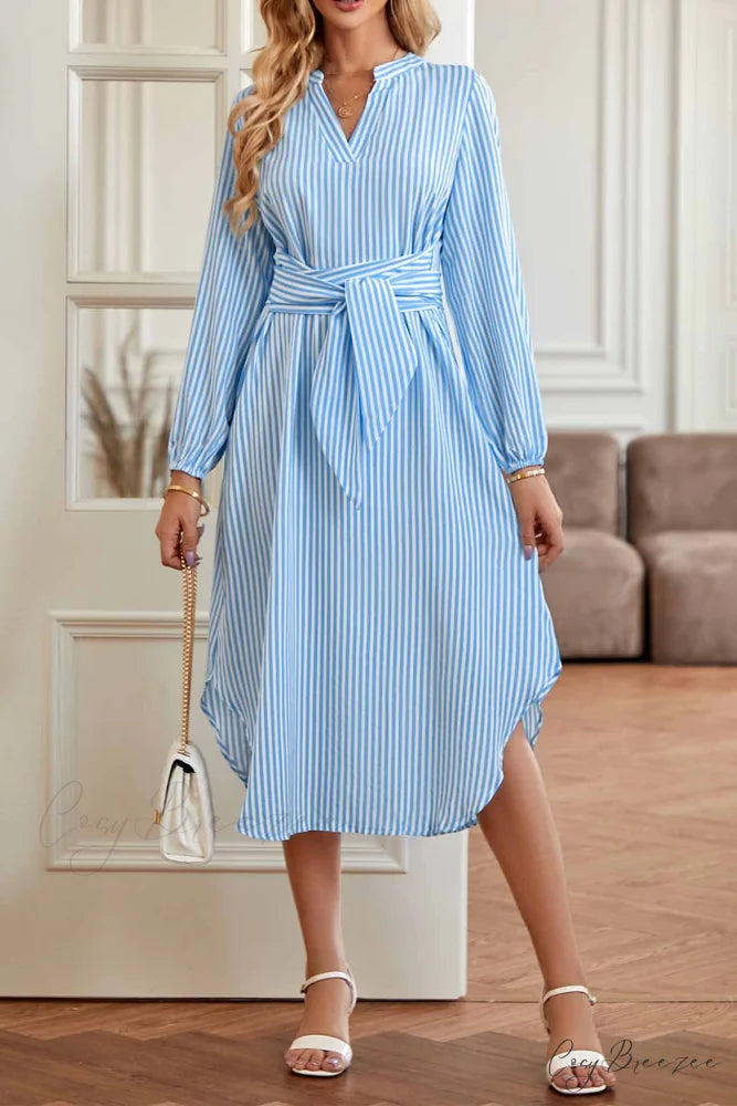 Striped V Neck Tie Waist Long Sleeve Midi Dress Blue / S