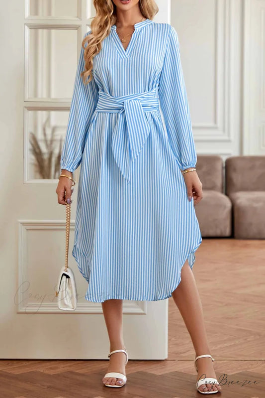 Striped V Neck Tie Waist Long Sleeve Midi Dress Blue / S