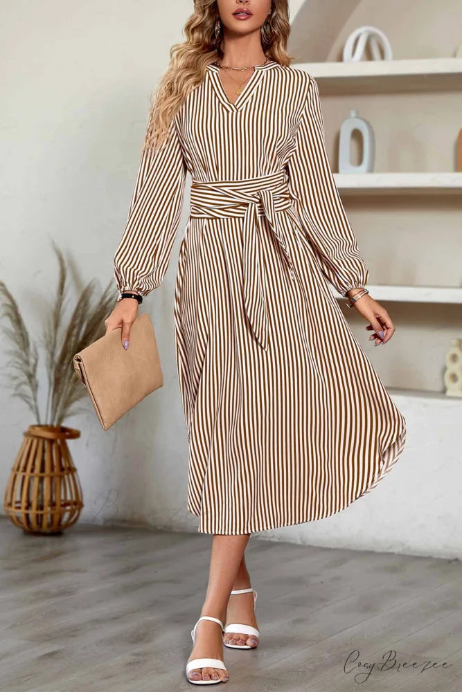Striped V Neck Tie Waist Long Sleeve Midi Dress Coffee / L