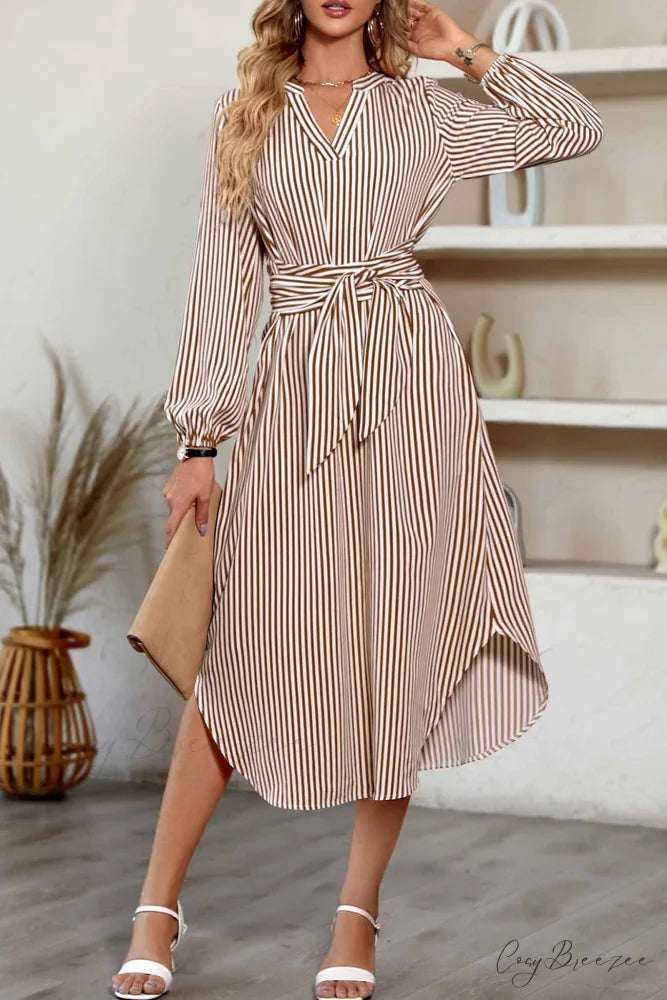 Striped V Neck Tie Waist Long Sleeve Midi Dress Coffee / M