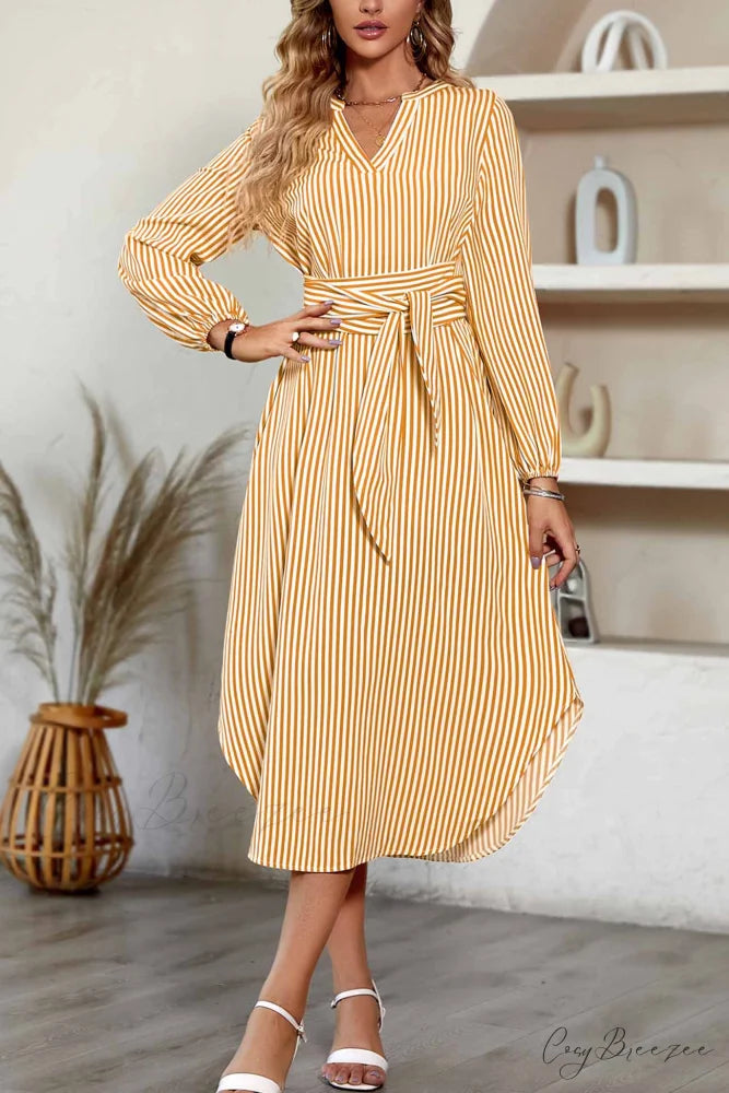 Striped V Neck Tie Waist Long Sleeve Midi Dress Yellow / L