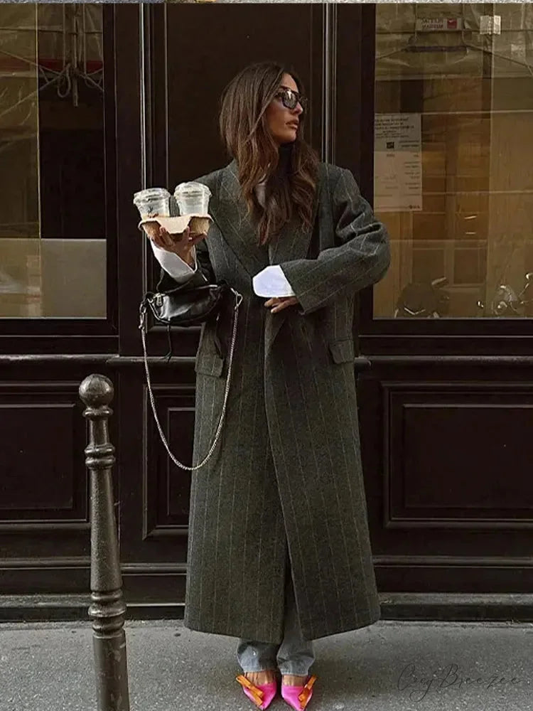 Striped Vintage Loose Lapel Woolen Coat gray / S overcoats-241228