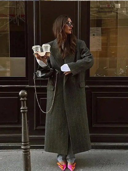 Striped Vintage Loose Lapel Woolen Coat gray / S overcoats-241228