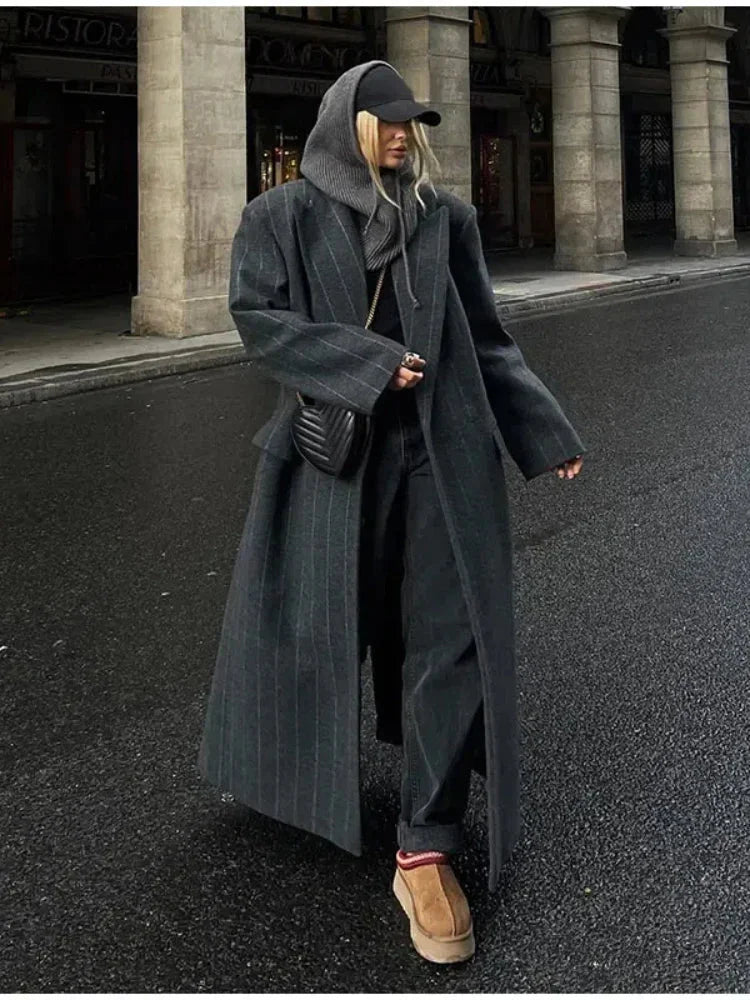 Striped Vintage Loose Lapel Woolen Coat overcoats-241228
