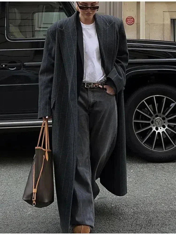 Striped Vintage Loose Lapel Woolen Coat overcoats-241228