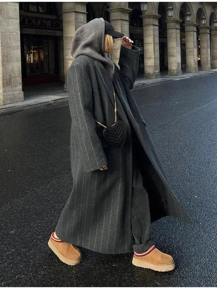 Striped Vintage Loose Lapel Woolen Coat overcoats-241228
