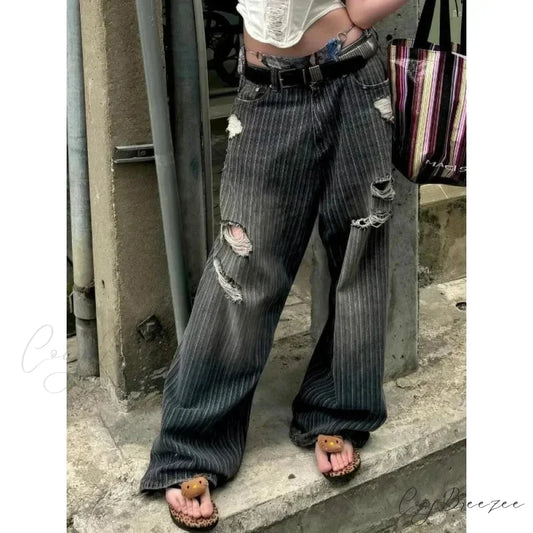 Striped Vintage Y2K Women Jeans Pants black / S pants-241228
