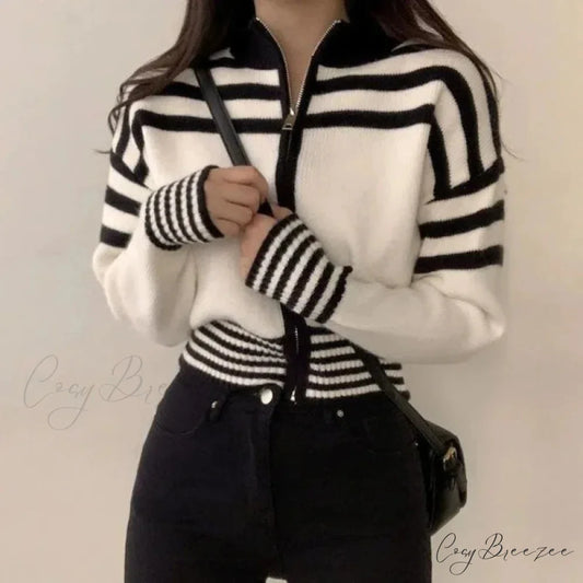 Striped Zipper Stand-Up Collar Cardigan cardigans-241228